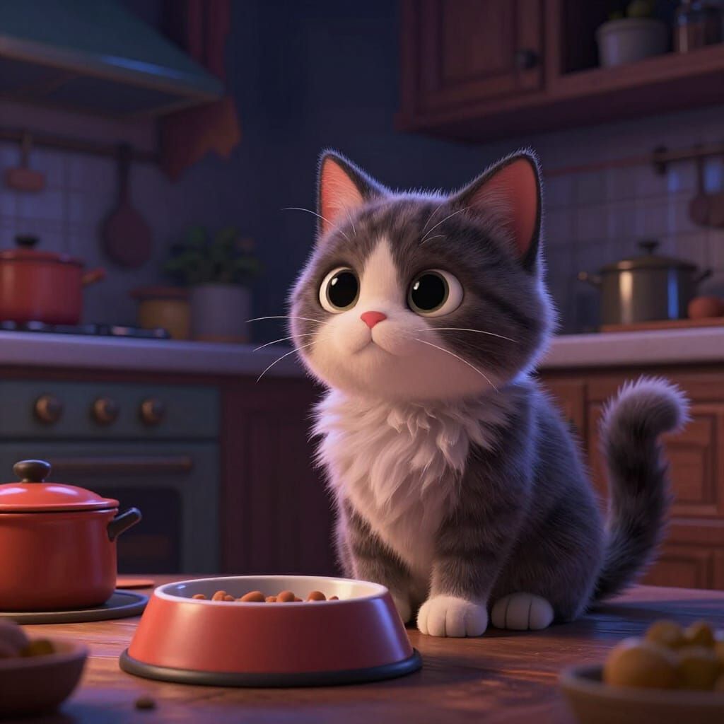 Fluffy Cartoon Cat Waits for Dinner in Magical Kitchen