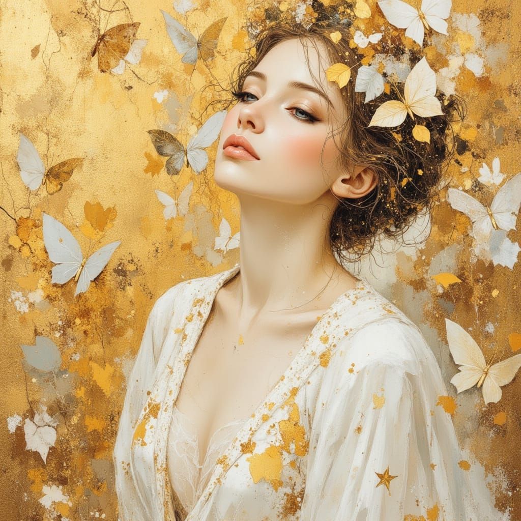 Goddess in Origami Landscape, Art Nouveau Style