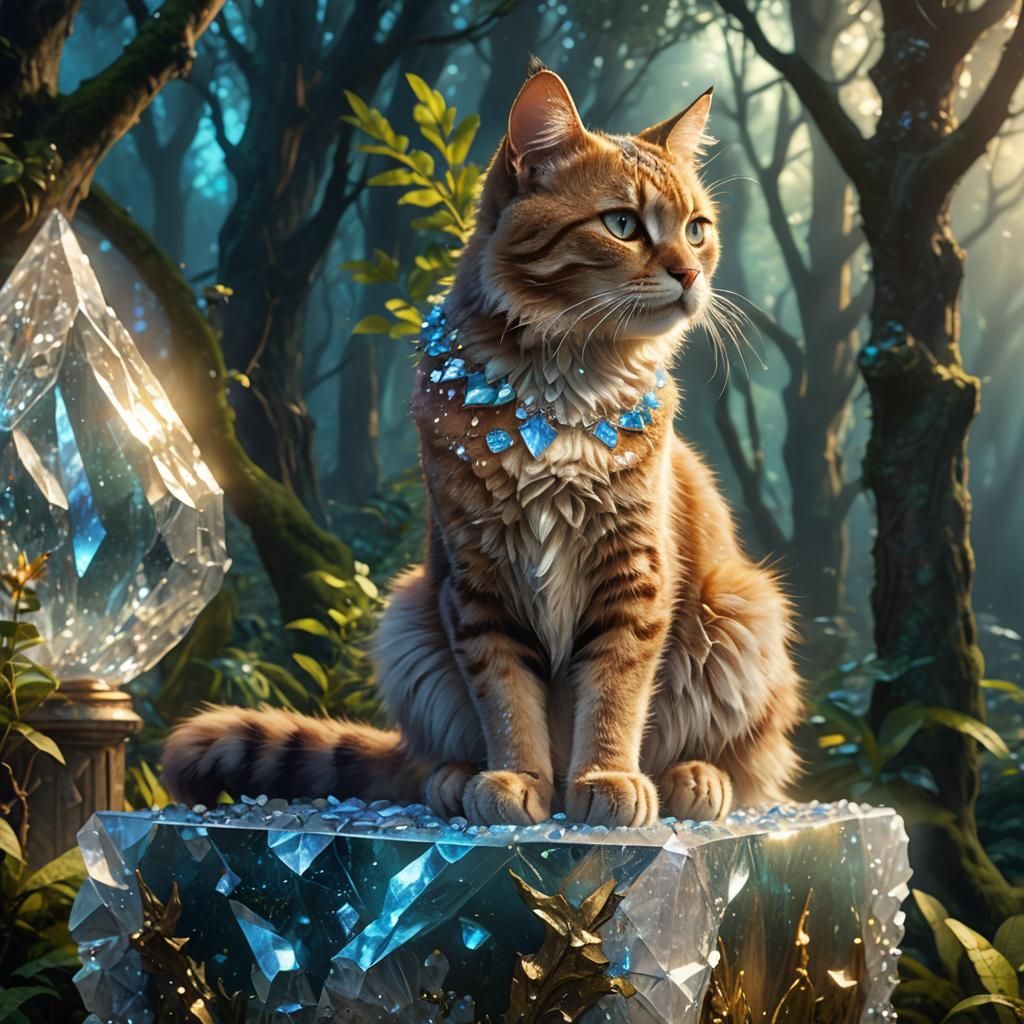 Mystical Forest Cat on Crystal Pedestal