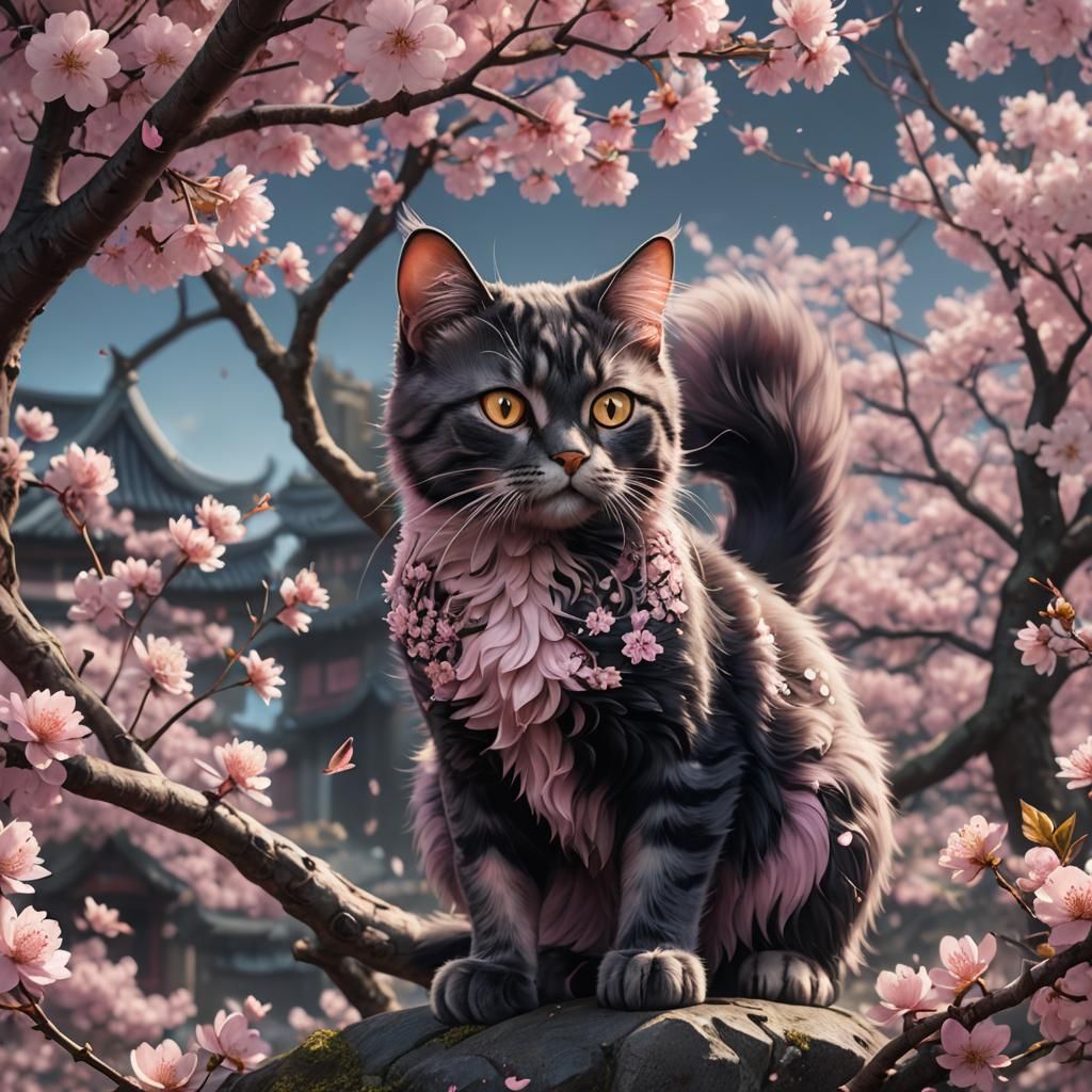 Cherry Blossom Cat in Detailed Digital Painting