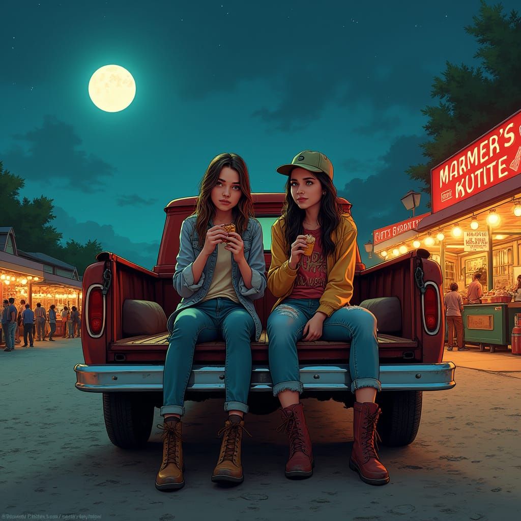 Moonlit Farmer's Market: Teens Enjoy Carnitas in Comic Style