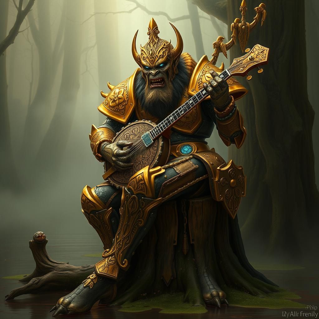 Orc Warrior in Gold Mech Suit Plays Banjo
