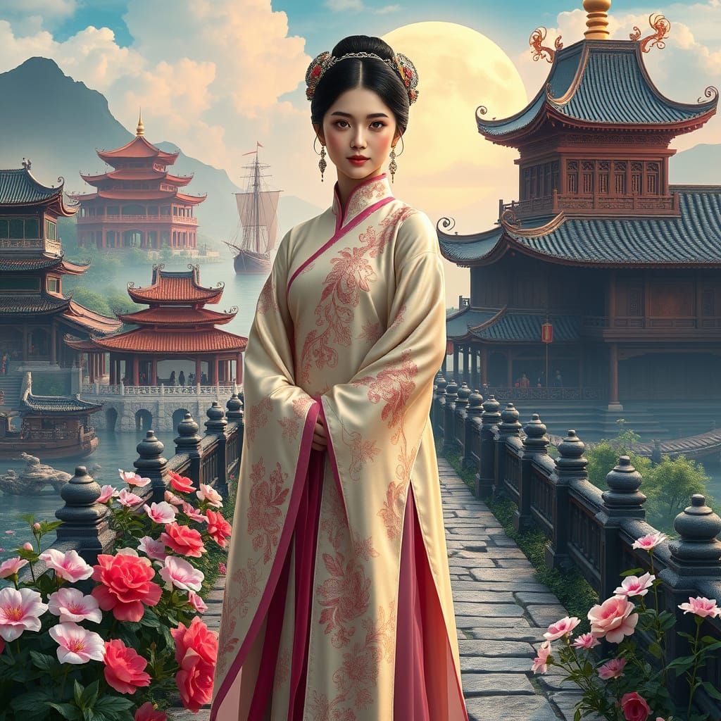 Elegant Vietnamese Lady in Traditional Ao Dai, Surrounded by...