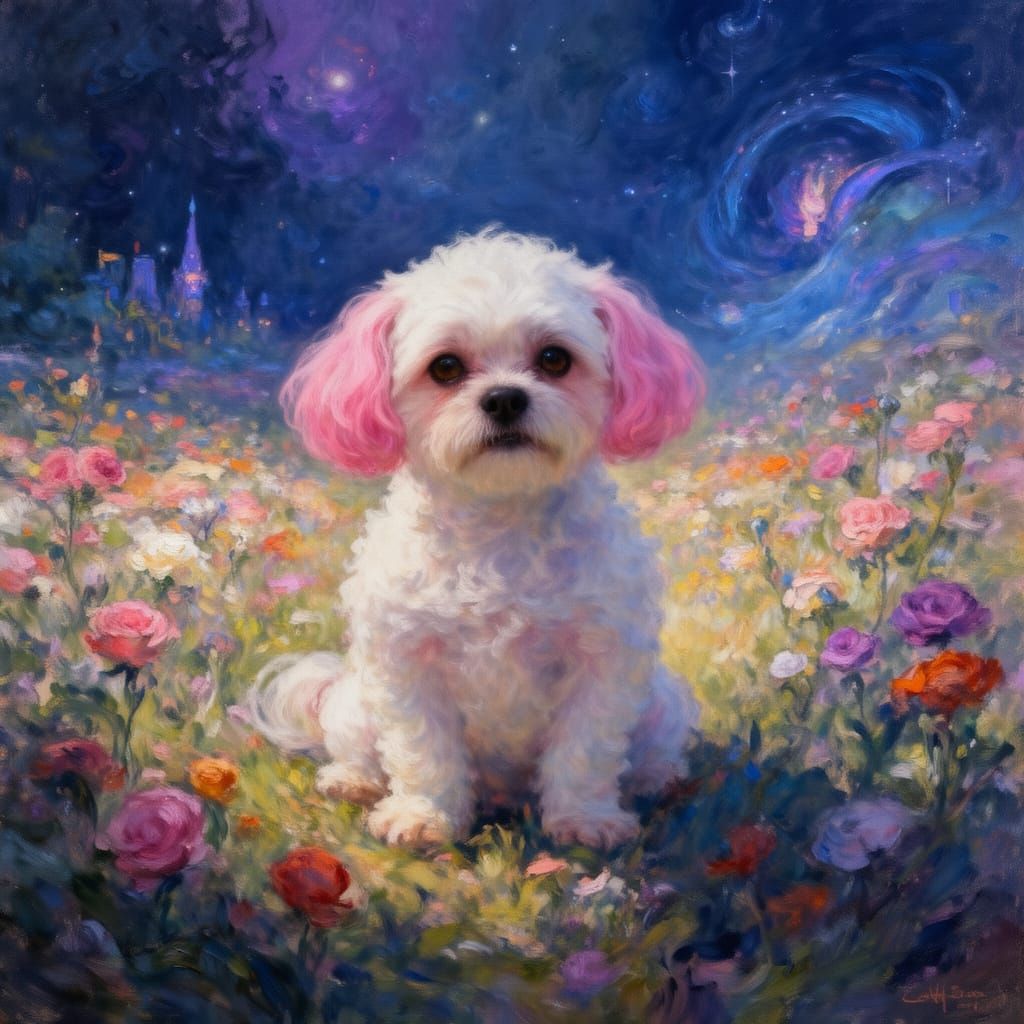 Fluffy Puppy in Flower Field, Monet Style