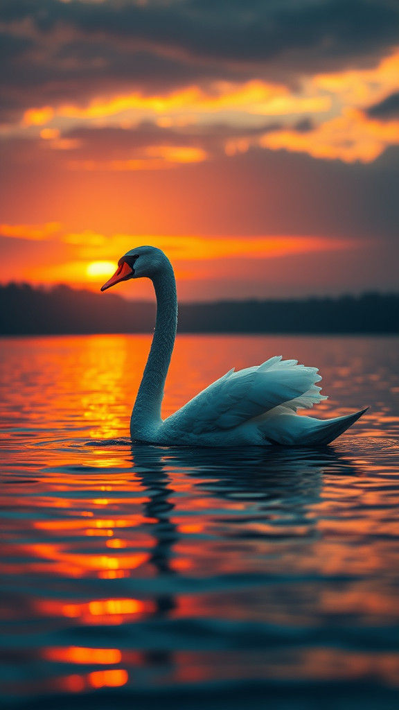 Majestic Swan Gliding on Lake at Sunset
