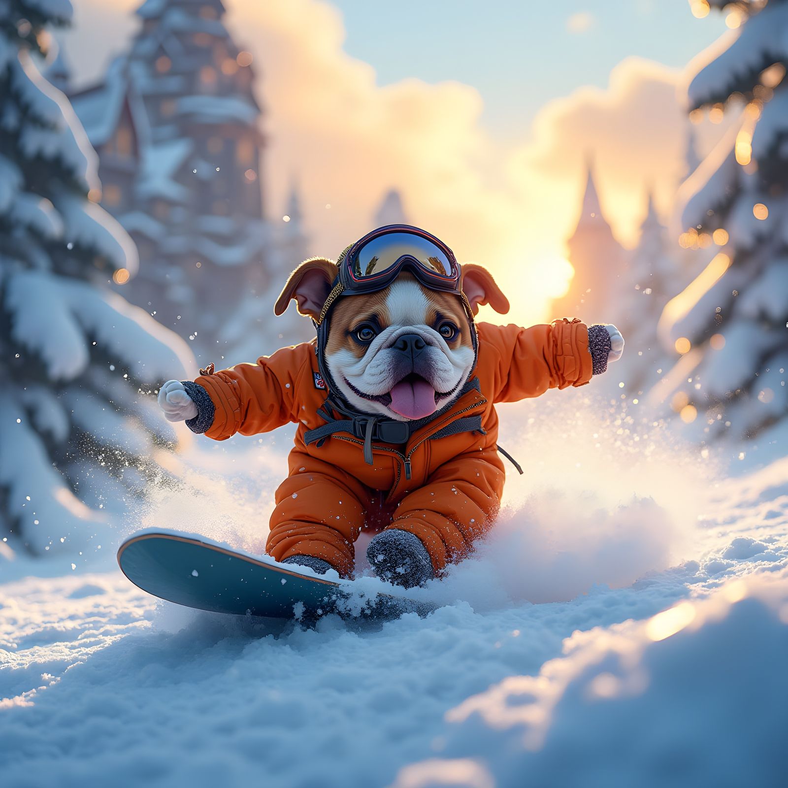 English Bulldog Snowboarding: Detailed Matte Painting