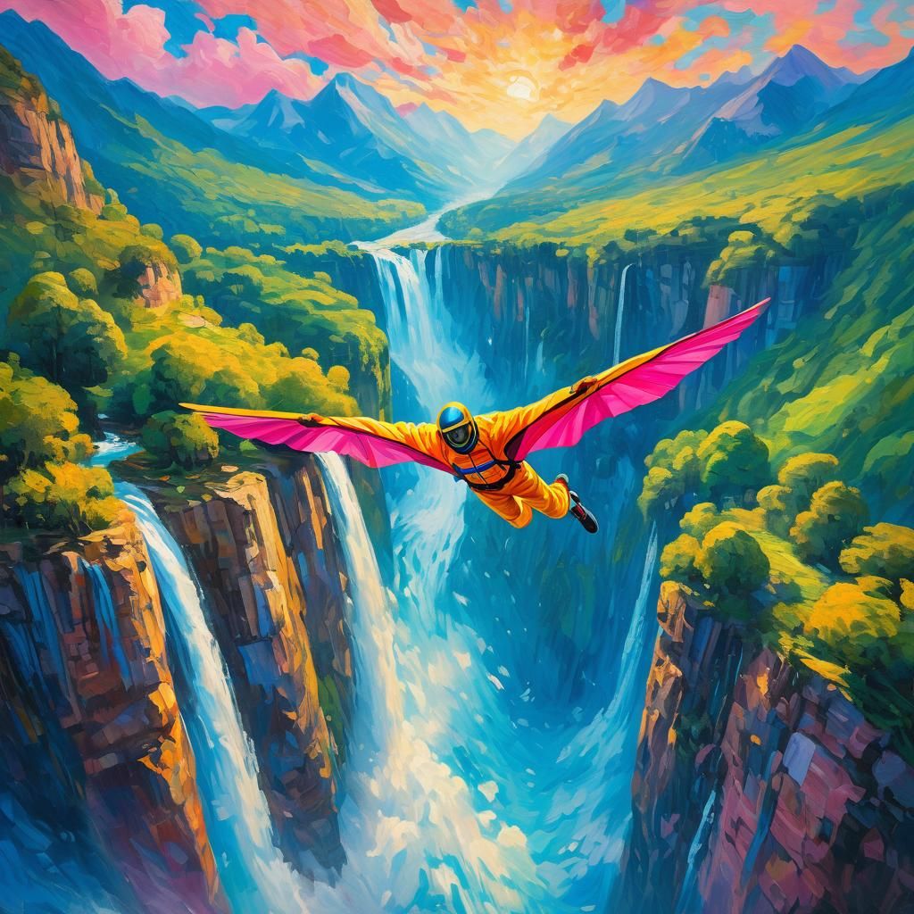 Wingsuit Flyer Soaring Through Clouds in Expressionist Oil P...