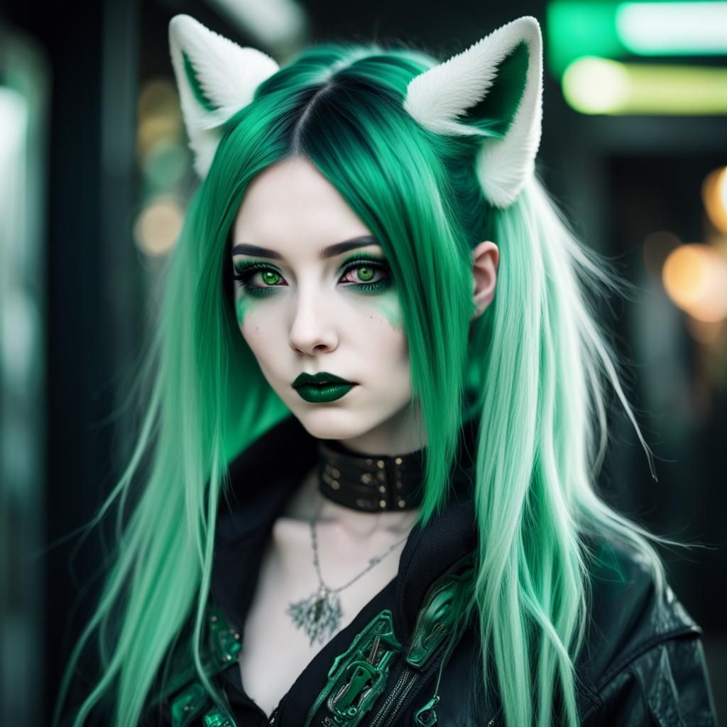 Cyberpunk Kitsune Girl with Green Hair