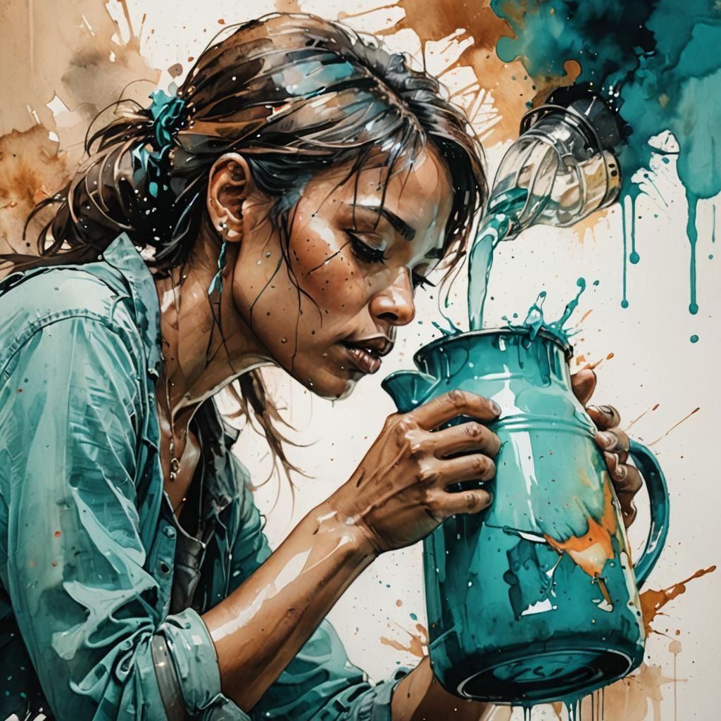 Watercolor Splash Art: Person Drinking from Waterjug