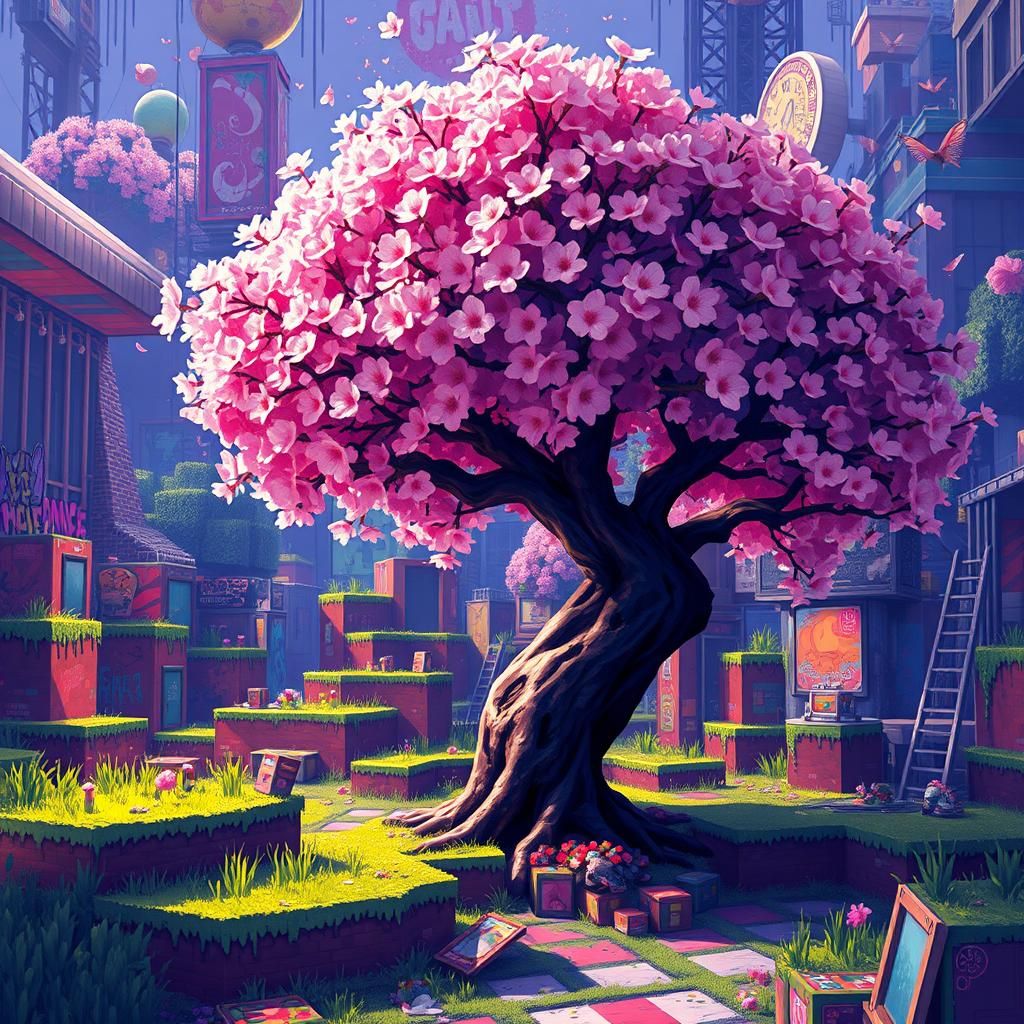 Vibrant Cherry Blossom in Minecraft-Inspired Street Art