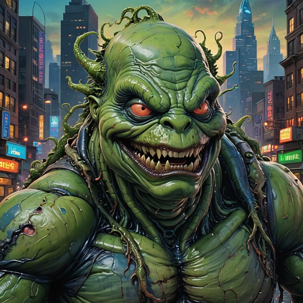 Slimer Grotesque Portrait in Sci-Fi Cityscape