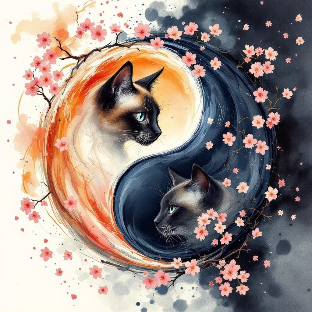 Yin-Yang Siamese Cats with Sakura Blossoms in Watercolor Sty...