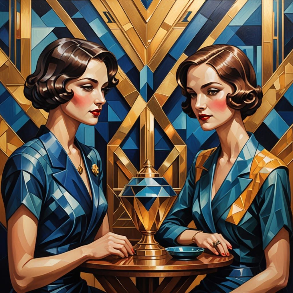 Art Deco Painting Of Shifting Portraits In Geometric Room