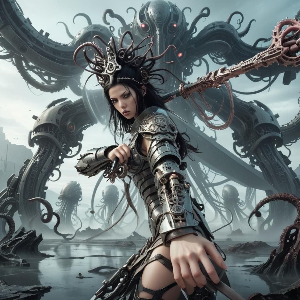 Futuristic Female Warrior in Surreal Landscape