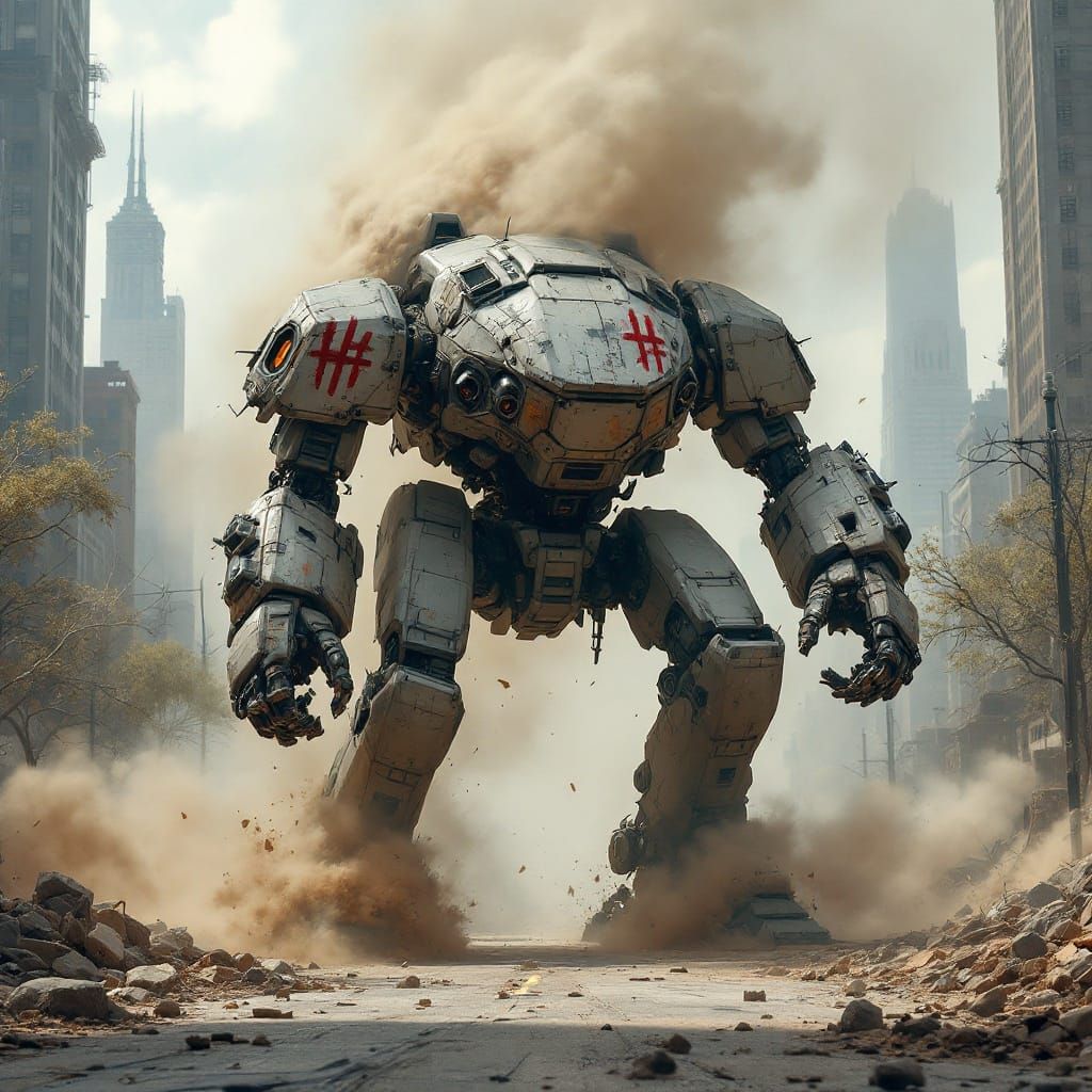 Battle-Scarred Mech Descends into Ruined Cityscape
