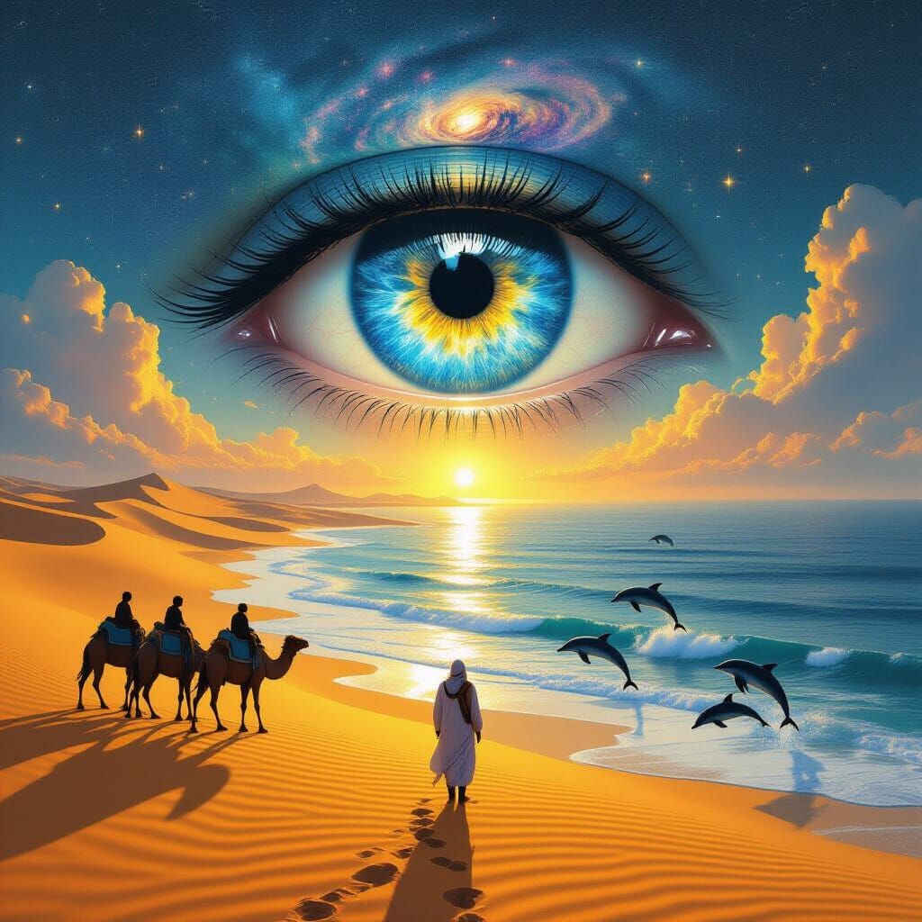 Surreal Desert Ocean Dreamscape with Galactic Eye