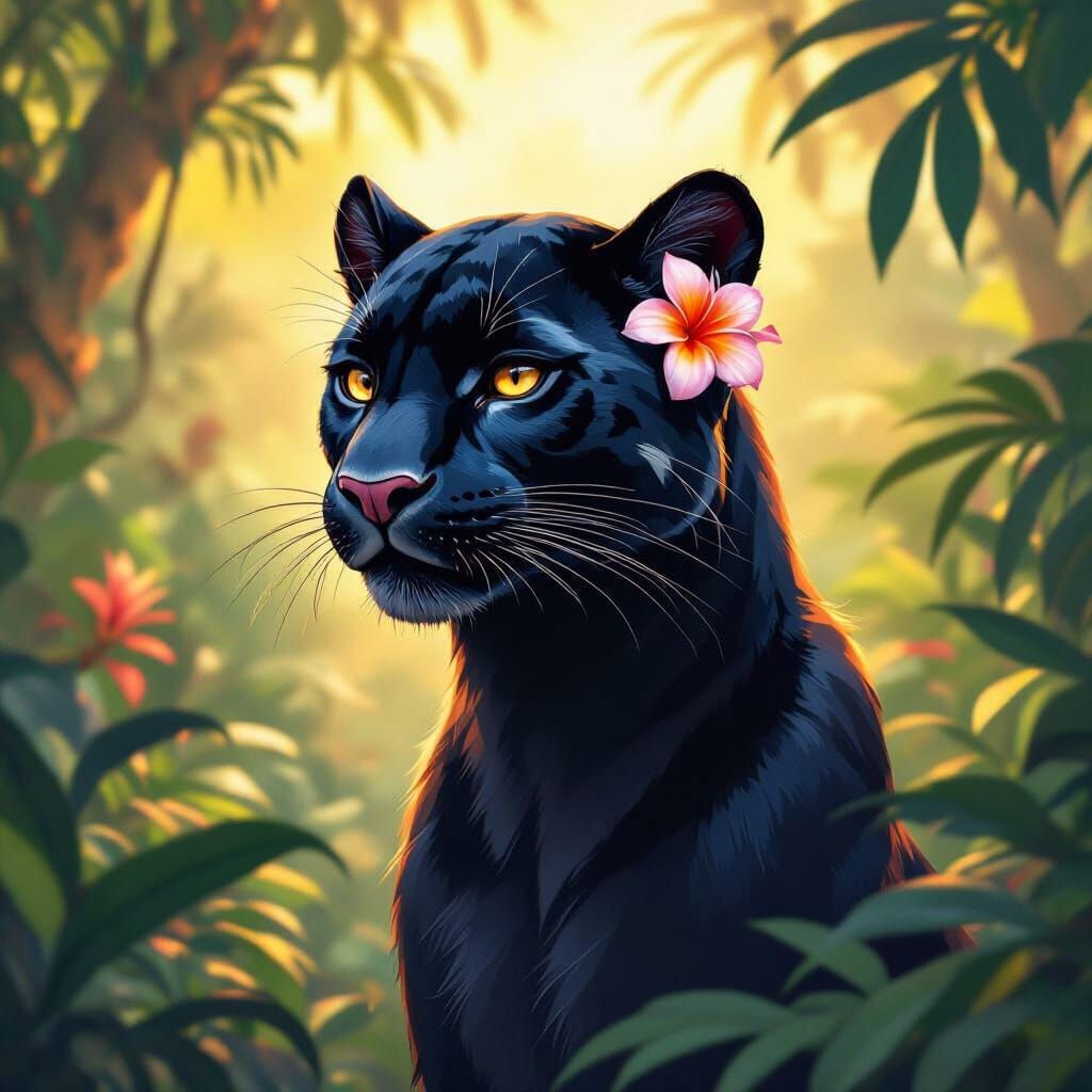 Panther in Tropical Forest with Flower, Art Nouveau Style