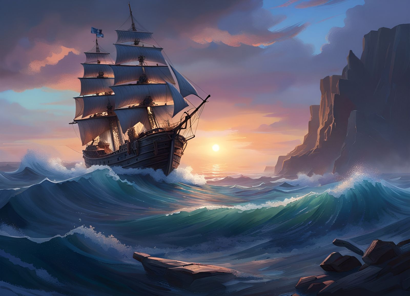 Periwinkle Pirate Ship on Choppy Ocean