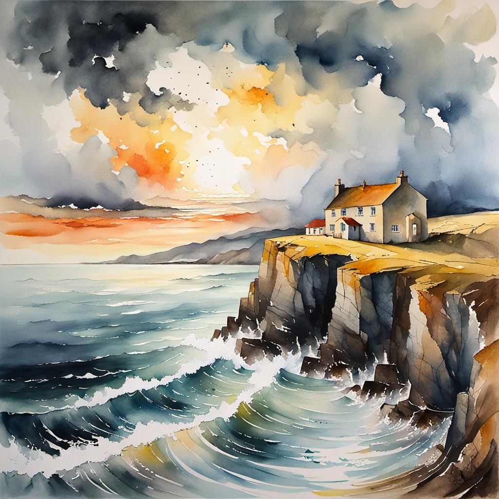 Cliffside House: Watercolour Landscape Painting in Ethereal ...