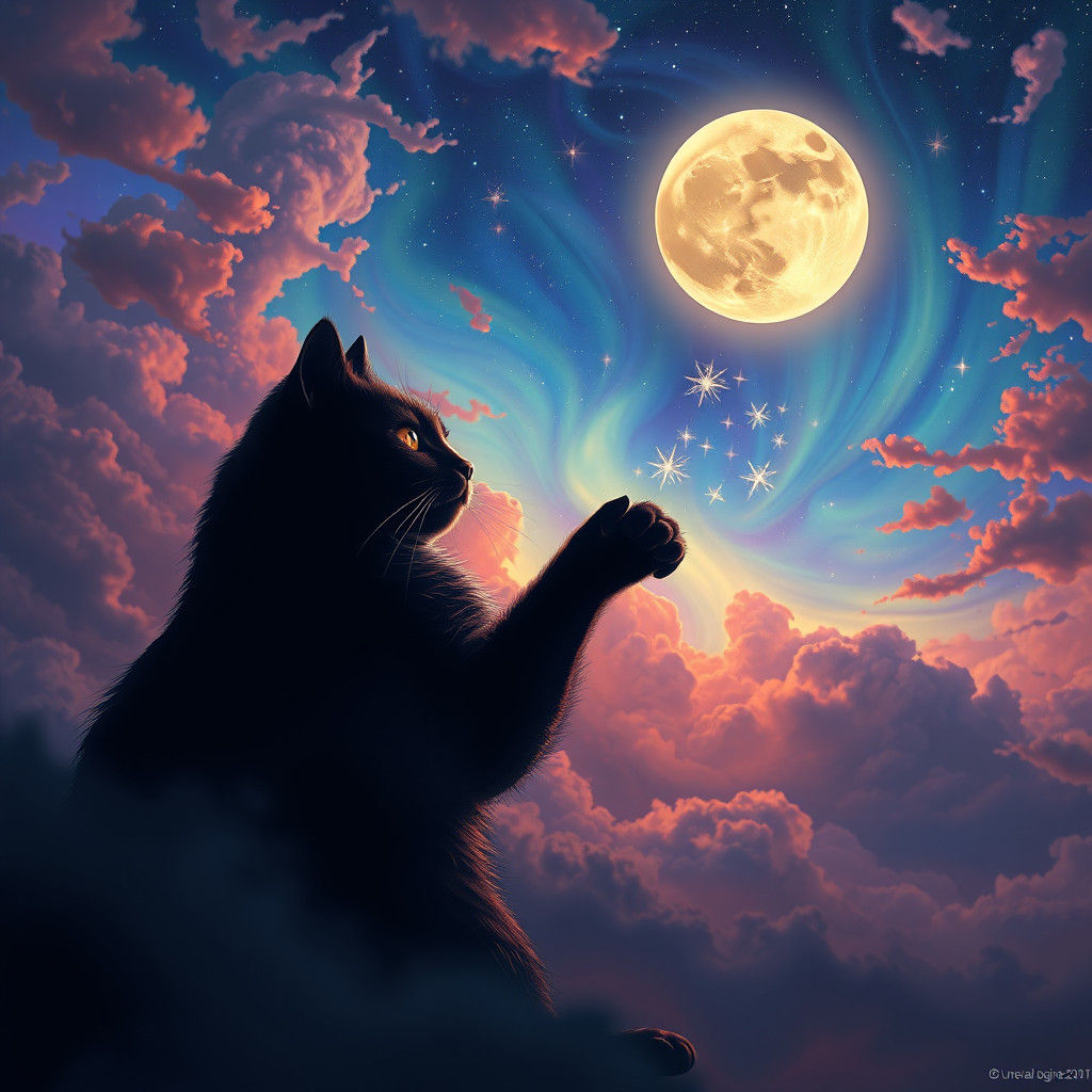 Mysterious Cat Reaching for Stars in Fantasy Landscape