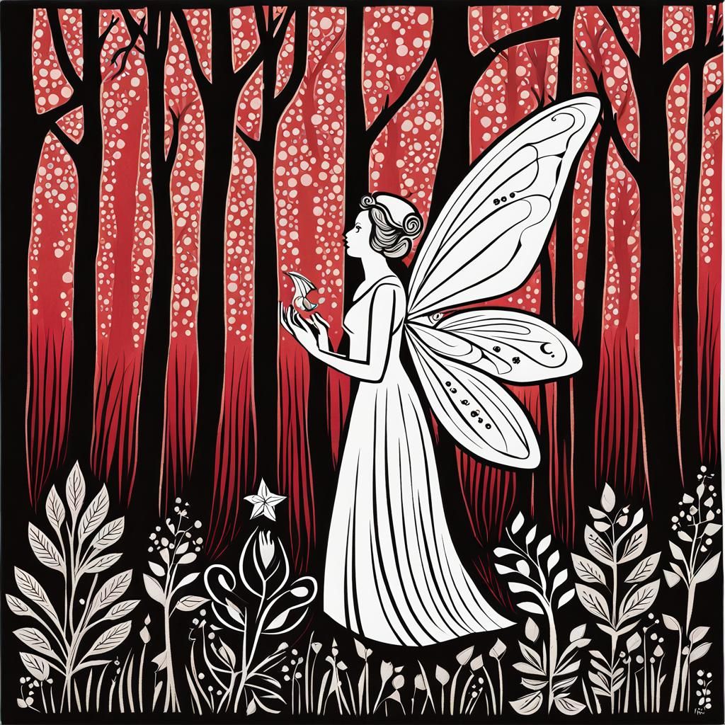Enchanted Forest Fairy in Block Print Style