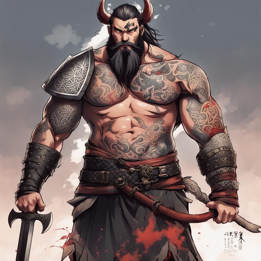 Viking King with War Paint in Anime Style