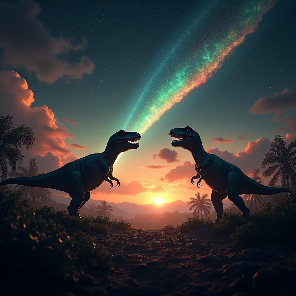 Tyrannosaurus Rex Watches Comet in Prehistoric Landscape