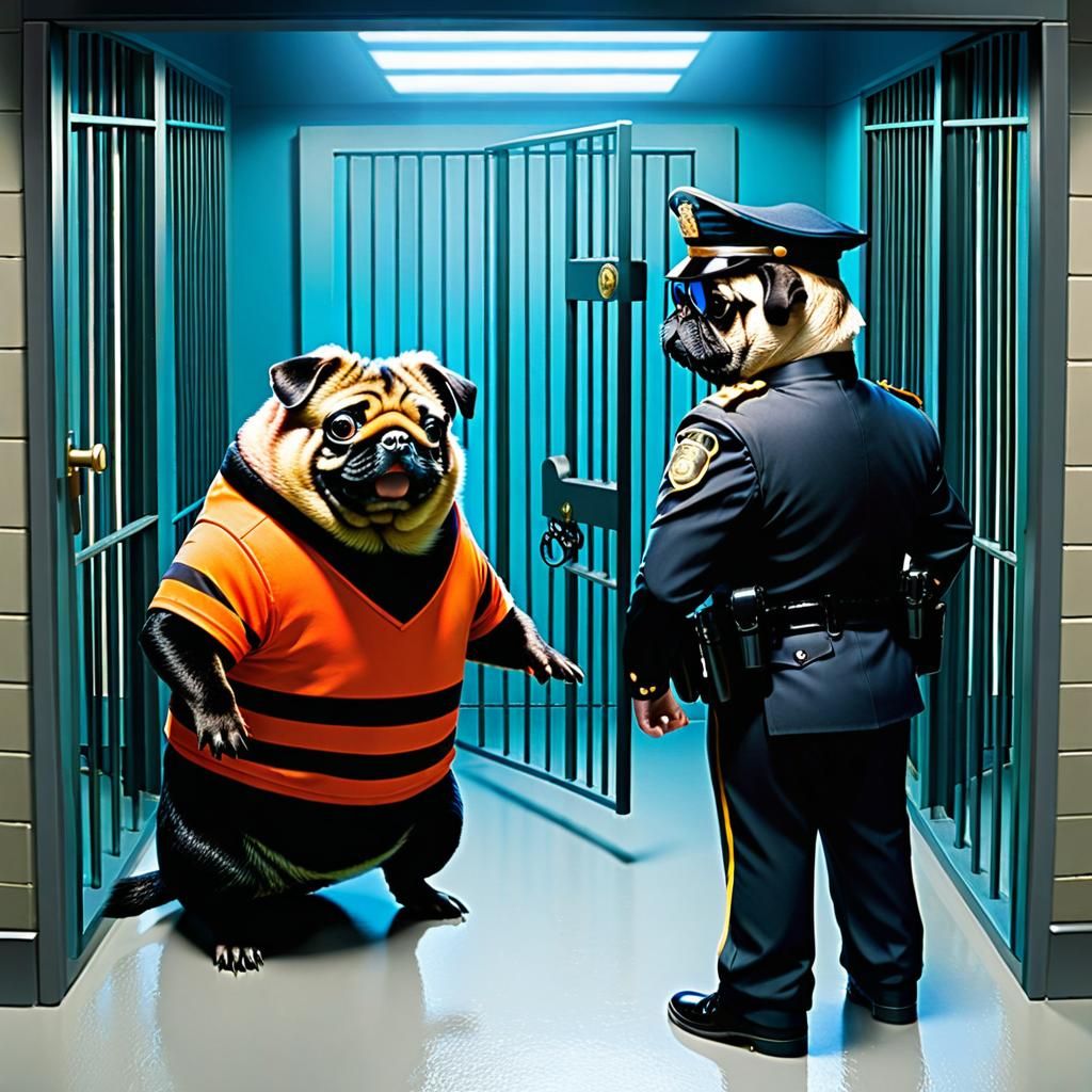 Tepig, anthropomorphic pig enter the interrogation chamber. the officer an otter, and the prison a pug in stripes.