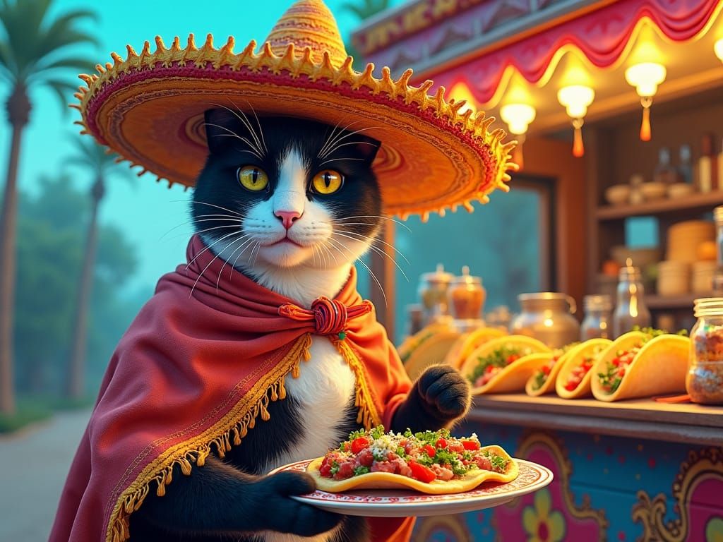 Tuxedo Cat Taco Vendor in Watercolor Style