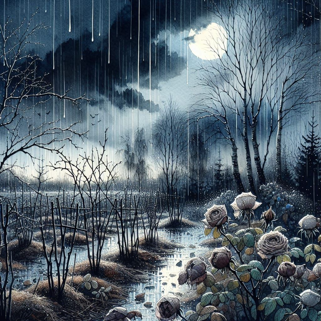 Nordic Autumn Night Rain in Watercolor Style