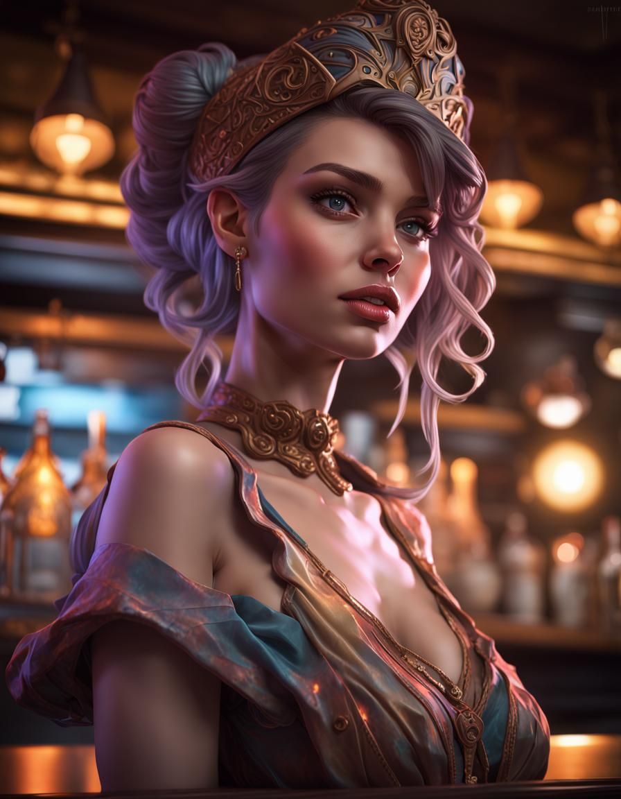 Cute Bobblehead in Dark Bar, Hyperdetailed Art