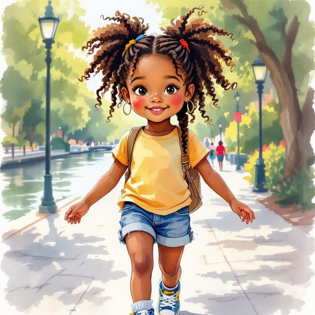 Girl with Braids on Riverwalk: Watercolor Illustration