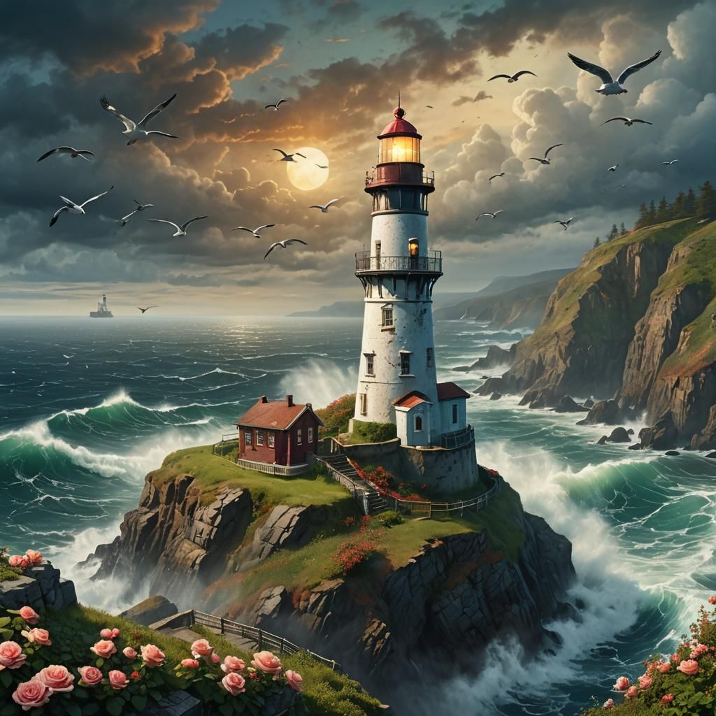 Lighthouse on Cliffside with Roses, Fantasy Concept Art
