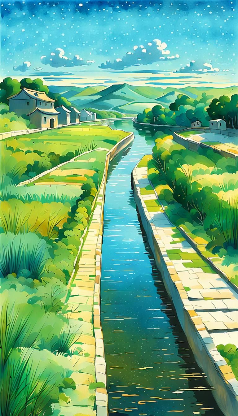 Anime Rural Landscape with Canal in Hokusai Style