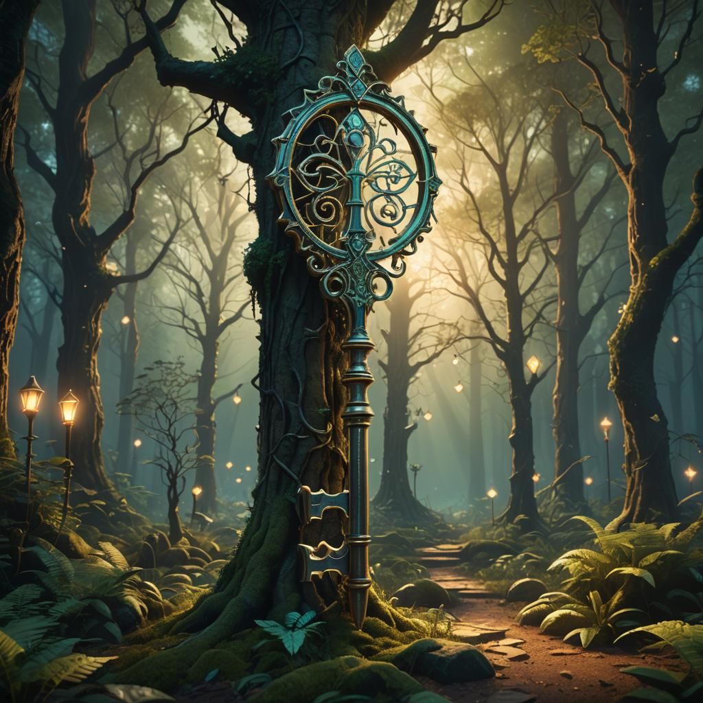 Glowing Skeleton Key in Sacred Geometry Forest
