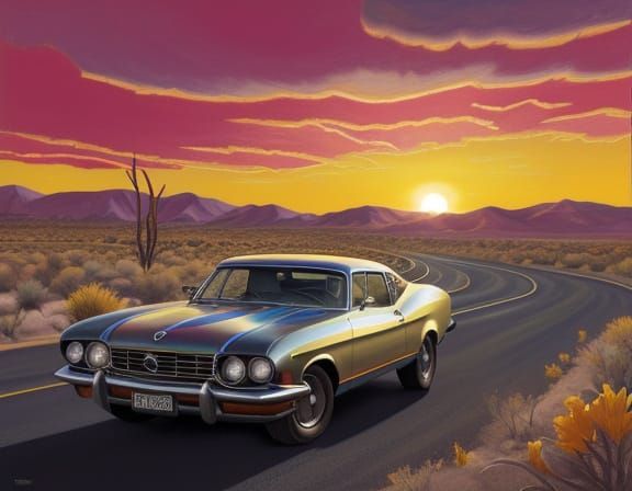 Adorable Car in Surreal Desert Oil Painting