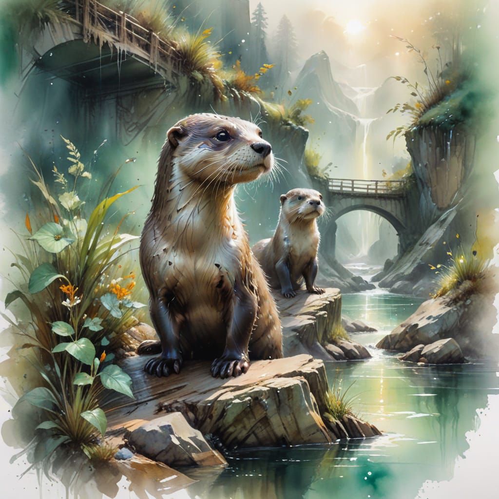 River Otter Beneath Misty Bridge: Watercolour Art