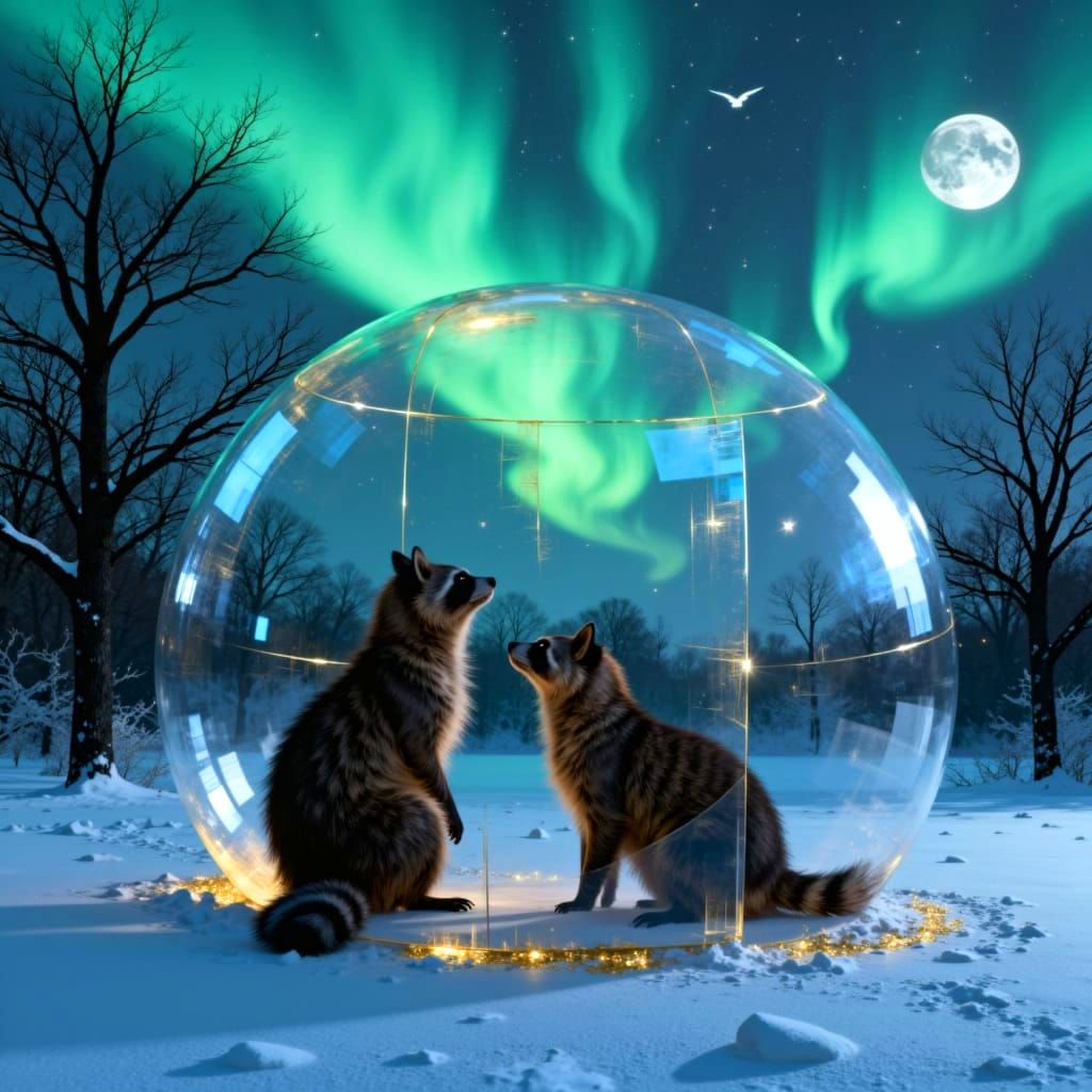 Hyperrealistic Raccoons in Snow Bubble Under Aurora