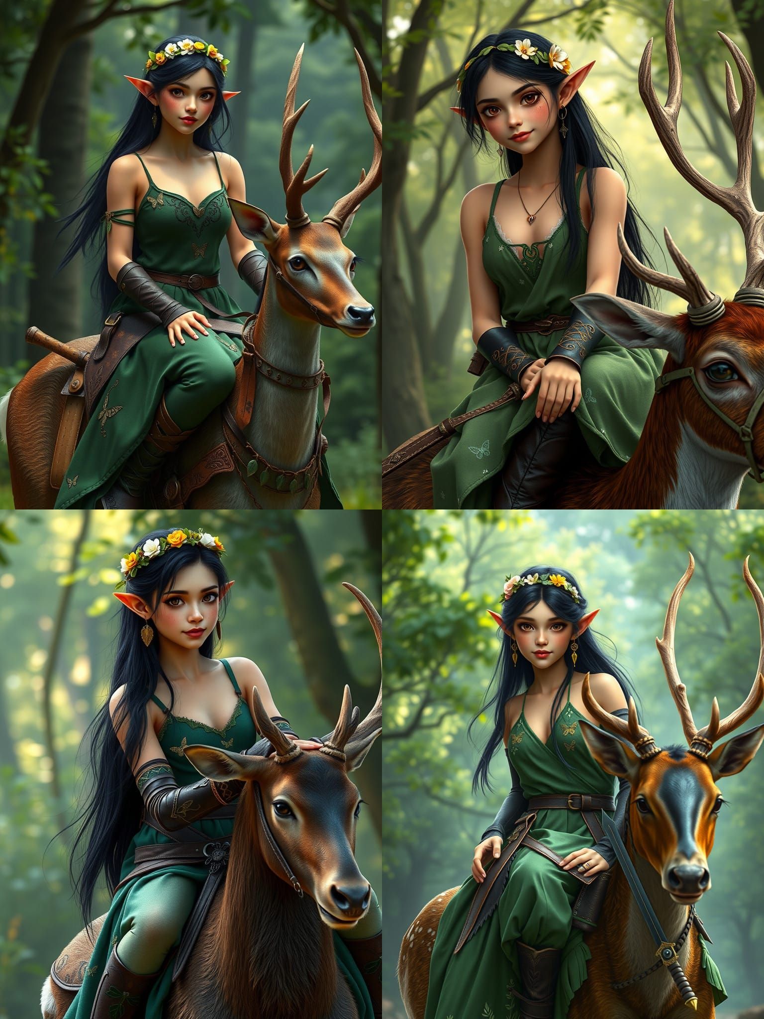 Photorealistic Elf Girl on Deer with Floral Adornments