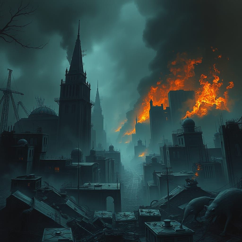 Ominous Post-Apocalyptic Cityscape Overrun by Diseased Rats