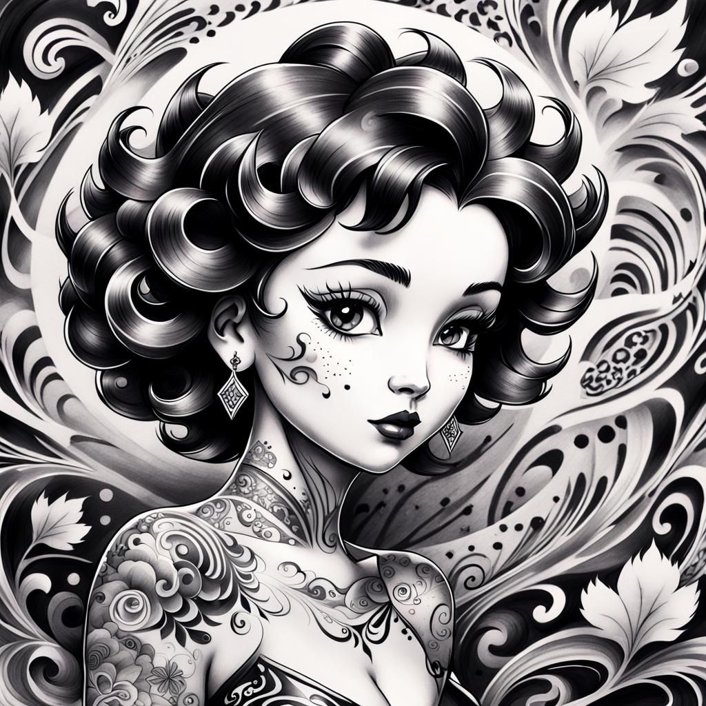 Betty Boop Tattoo Queen in Sumi-e Ink Style