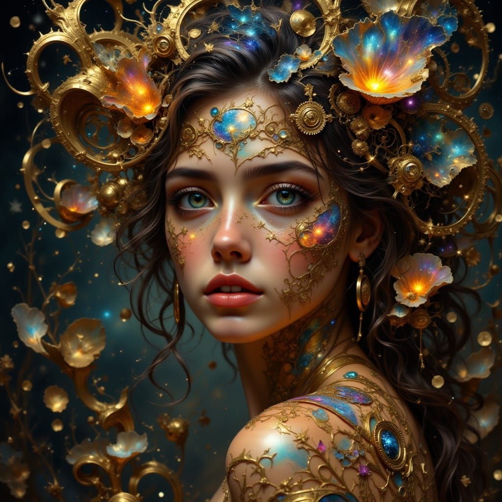 Nebula-Hair Woman in Steampunk Art Nouveau Style