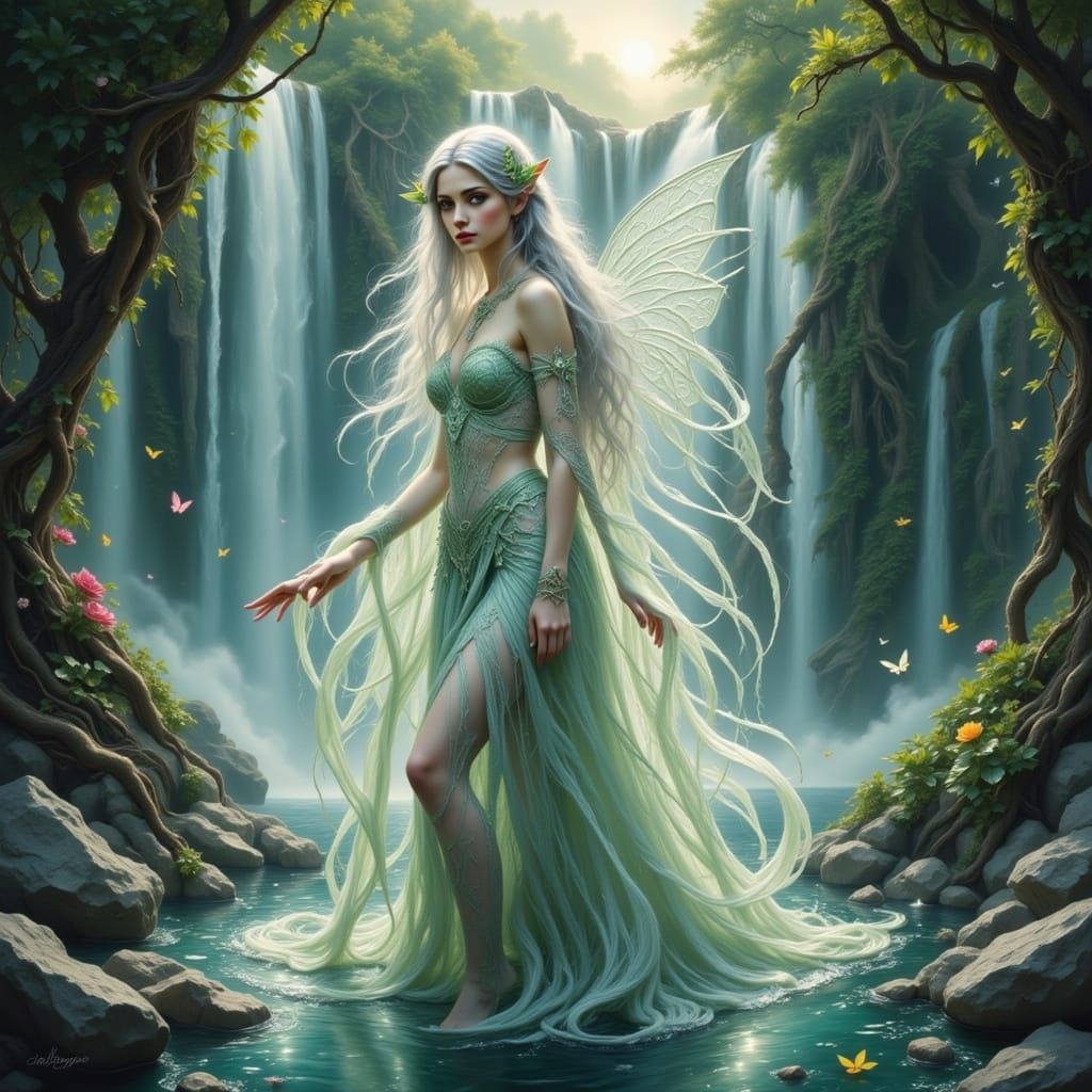 Ethereal Elf at Moonlit Waterfall