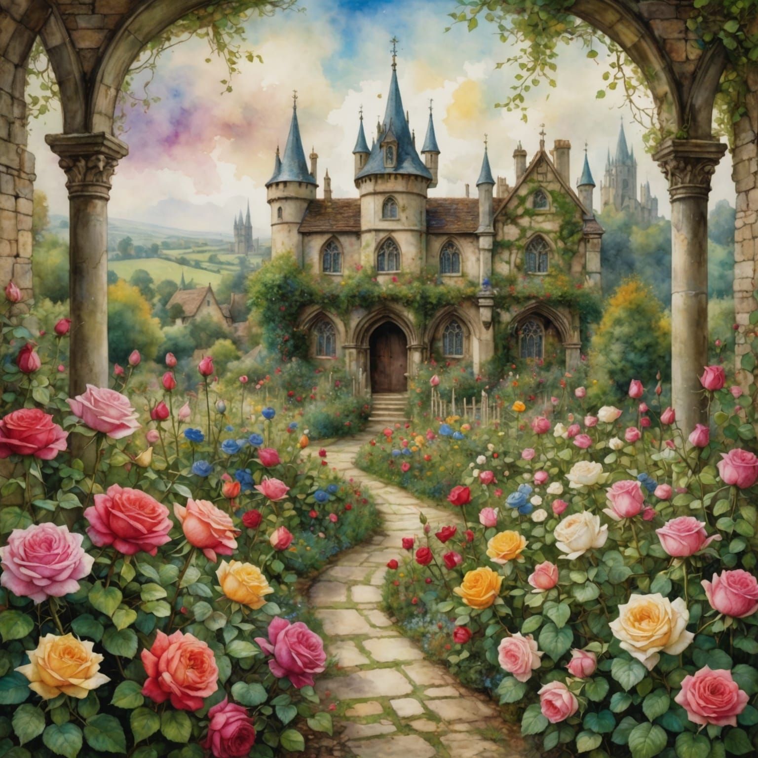 Medieval Rose Garden Fantasy Art in Watercolor Style