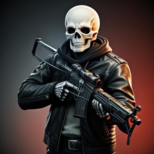 Skeleton in Leather Jacket Shooting MP40: Hyperrealistic Spl...