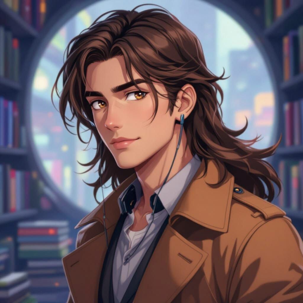 Anime Style Sci-Fi Library with Young Man