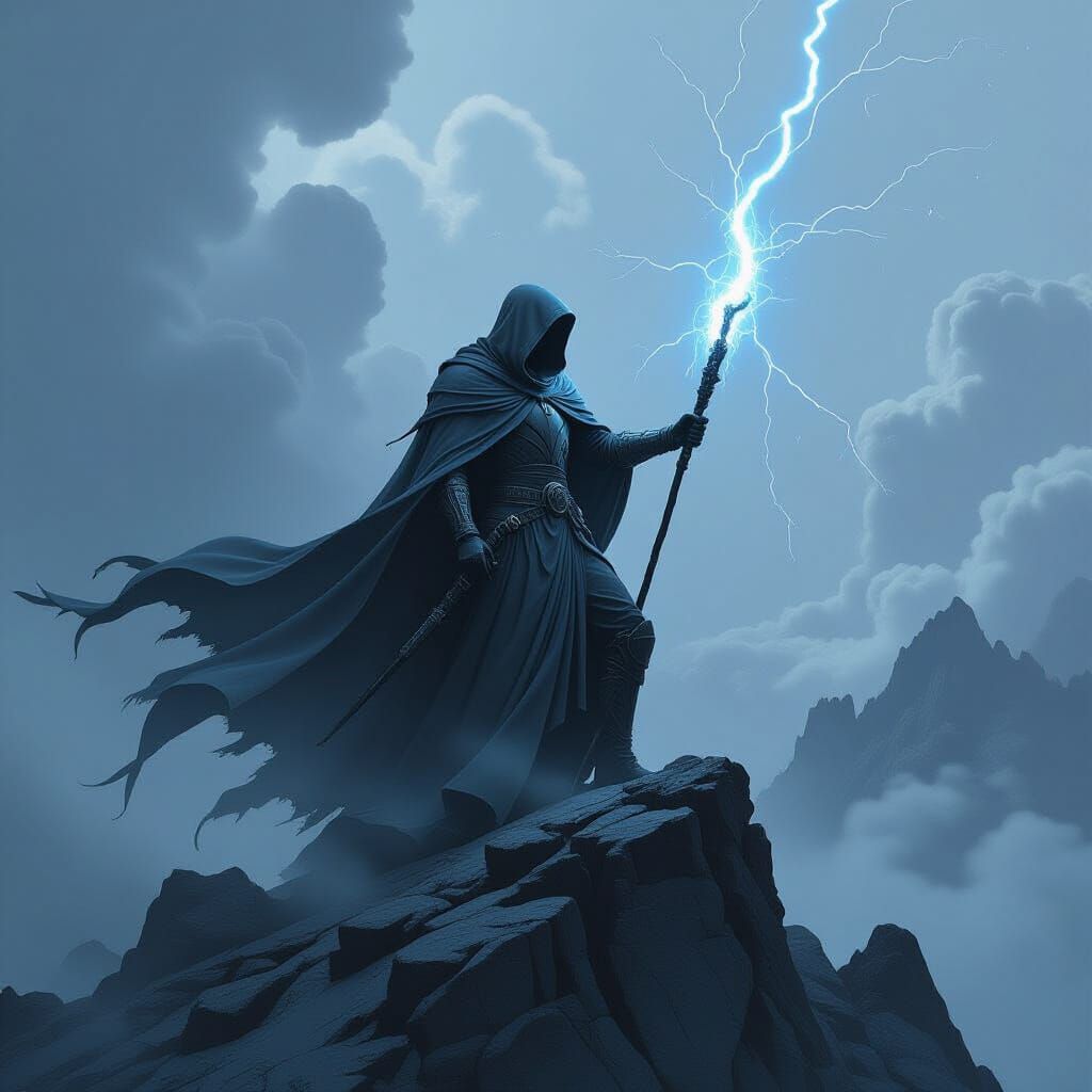 Stormy Warrior on Mountain Peak in Cyberpunk Style