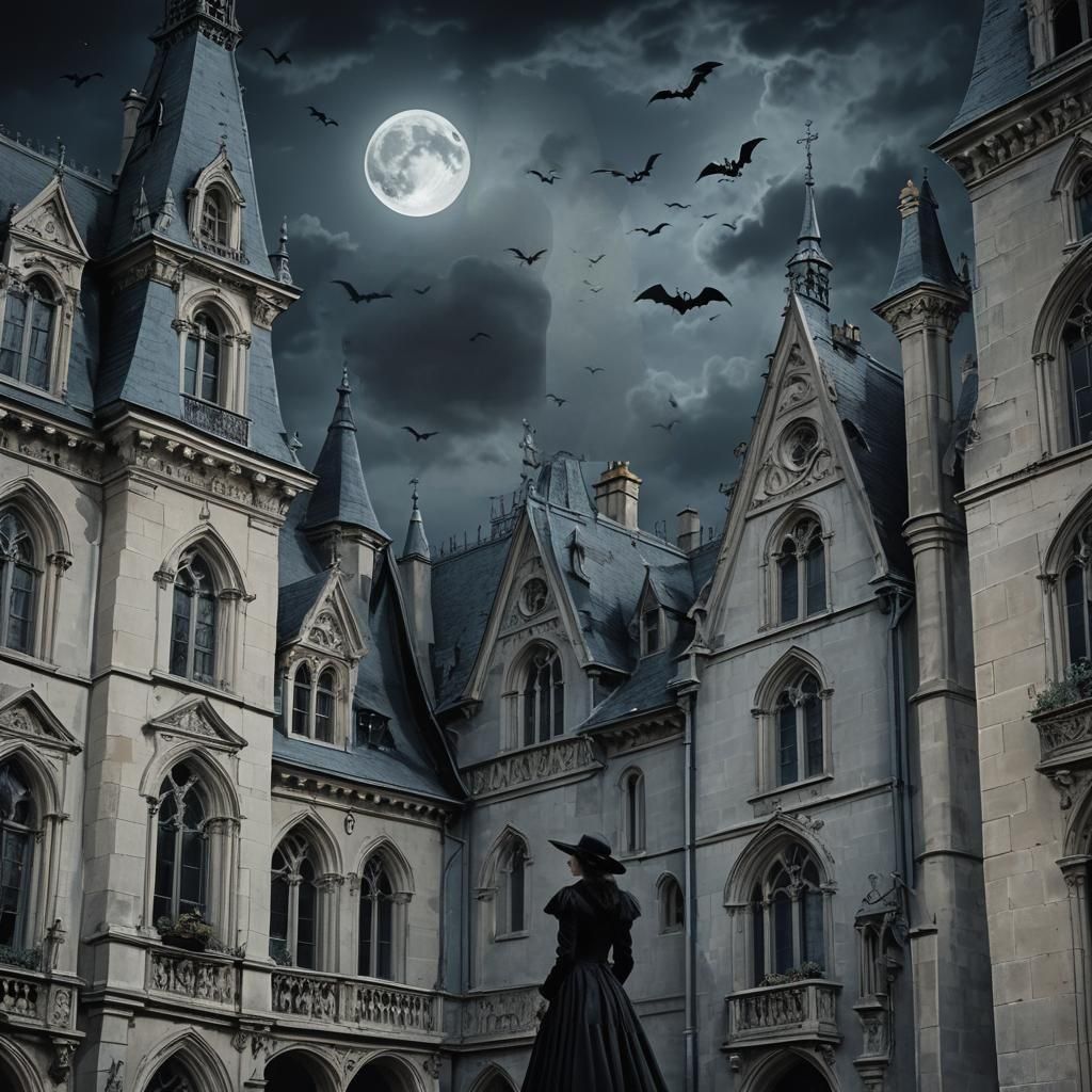 Ethereal Woman and Bats in Haunted Halloween Scene