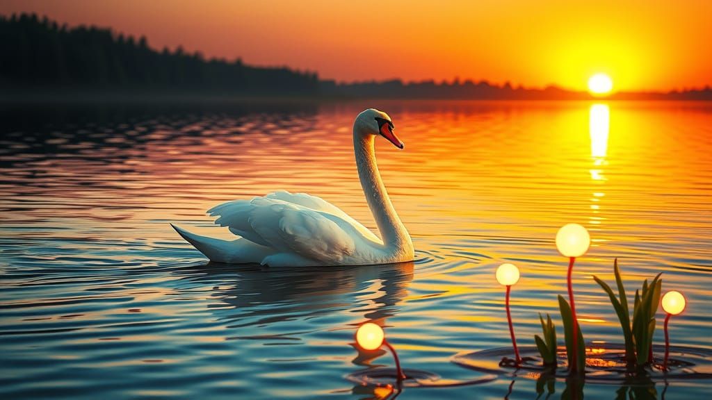 Surreal Swan in Iridescent Feathers at Sunset