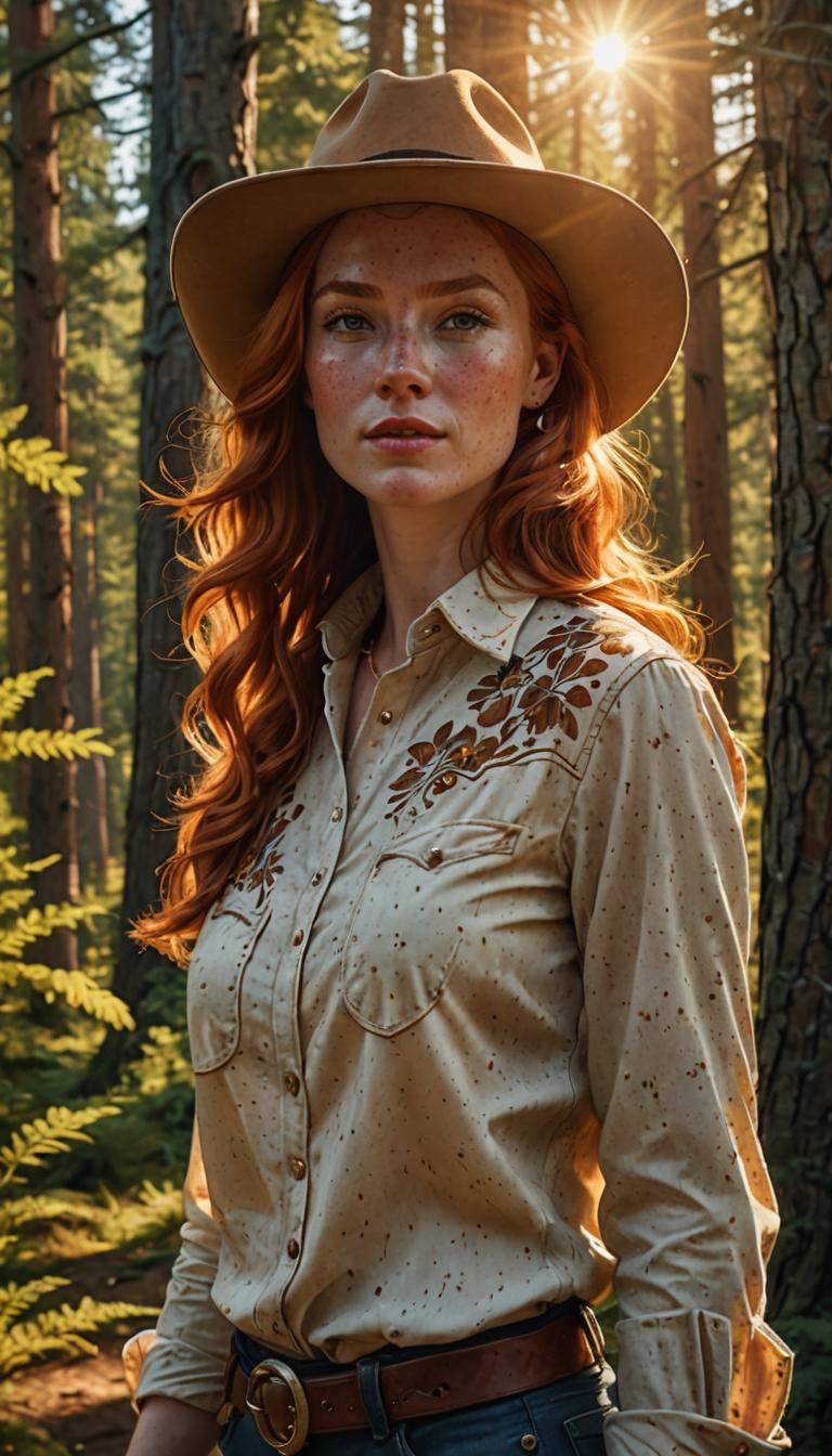 Cowgirl in Forest: Western Illustration in Golden Light